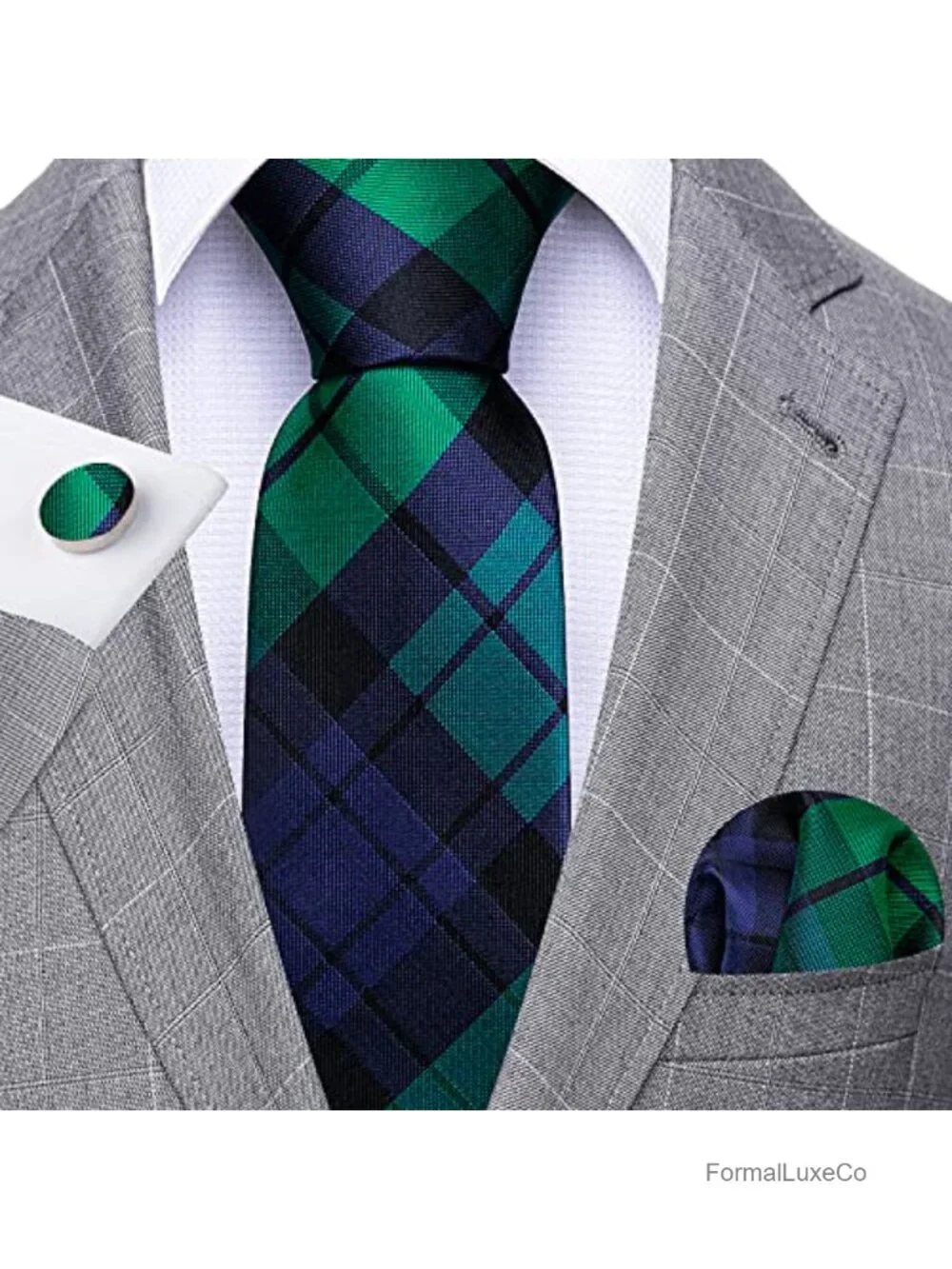 Luxury Silk Tie Set with Handkerchief & Stainless Steel Cuff Links, Plaid